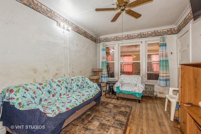 bedroom featuring hardwood / wood-style flooring, ceiling fan, crown molding, and radiator