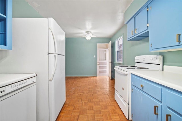 kitchen with ceiling fan, light parquet flooring, white appliances, and blue cabinets