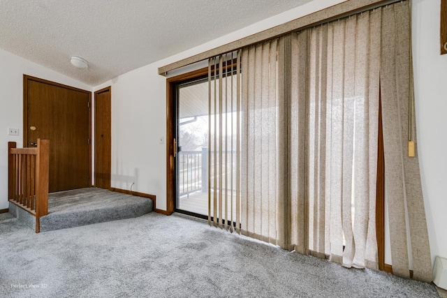 unfurnished room featuring light carpet, a textured ceiling, and lofted ceiling