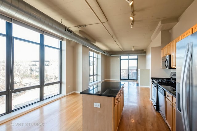 kitchen with light hardwood / wood-style floors, stainless steel appliances, track lighting, and a center island