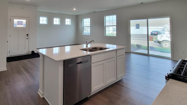 kitchen featuring white cabinetry, dishwasher, sink, dark hardwood / wood-style flooring, and a kitchen island with sink