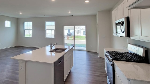 kitchen with stainless steel appliances, dark hardwood / wood-style floors, a center island with sink, and sink