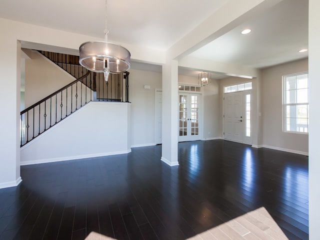 20137 Preston Ln, Lynwood, IL 60411 - unfurnished living room featuring a chandelier, wood finished floors, stairway, and recessed lighting