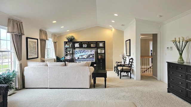 20137 Preston Ln, Lynwood, IL 60411 - living area with crown molding, carpet flooring, lofted ceiling, and recessed lighting