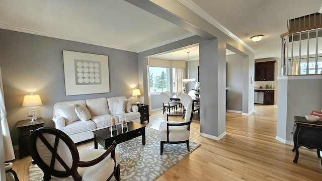 living room featuring crown molding and light hardwood / wood-style floors