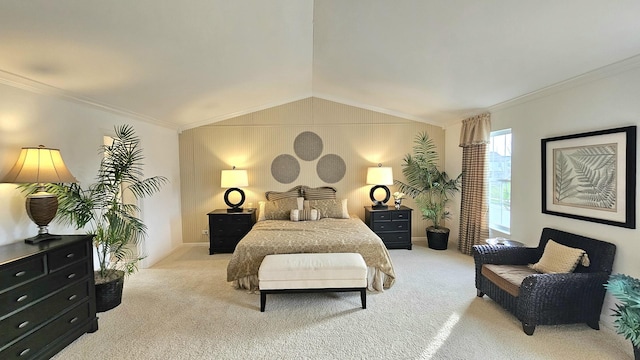 carpeted bedroom with crown molding and lofted ceiling