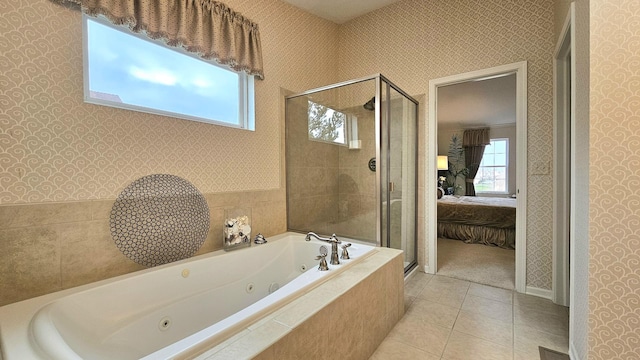 bathroom featuring shower with separate bathtub and tile patterned floors