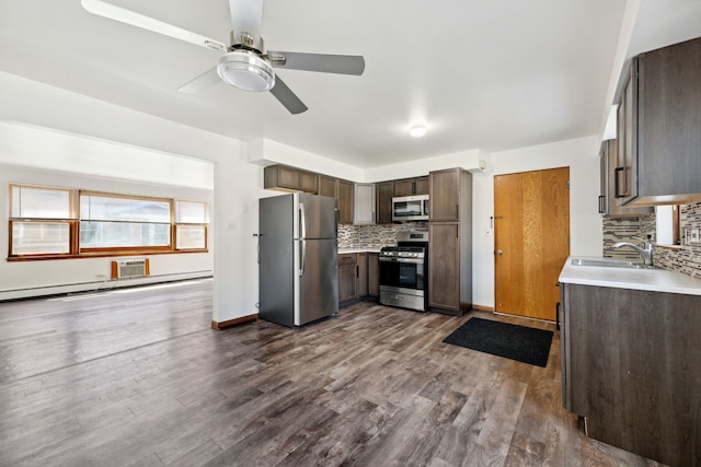 kitchen with ceiling fan, sink, stainless steel appliances, tasteful backsplash, and dark hardwood / wood-style floors