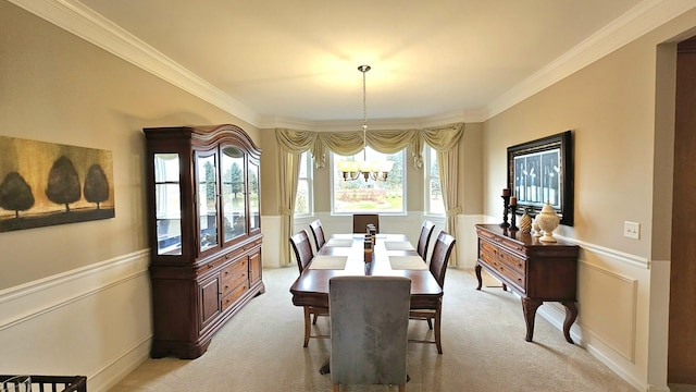 20149 Preston Ln, Lynwood, IL 60411 - dining room featuring a chandelier, ornamental molding, light carpet, and wainscoting