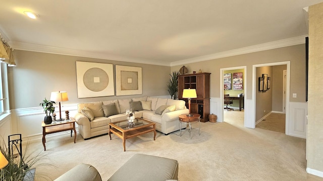 20149 Preston Ln, Lynwood, IL 60411 - living room featuring crown molding, wainscoting, and light colored carpet
