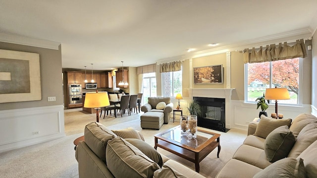 20149 Preston Ln, Lynwood, IL 60411 - living area featuring crown molding, light colored carpet, a wainscoted wall, a glass covered fireplace, and a decorative wall