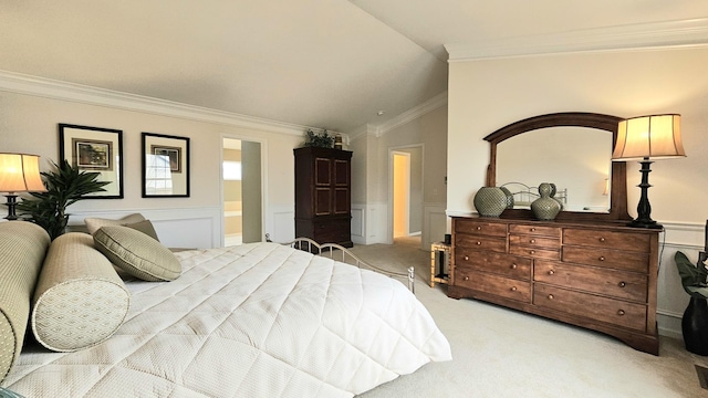 20149 Preston Ln, Lynwood, IL 60411 - bedroom featuring crown molding, light colored carpet, lofted ceiling, wainscoting, and a decorative wall