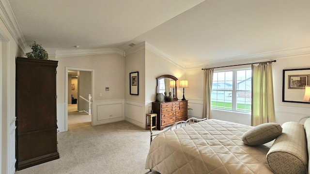 20149 Preston Ln, Lynwood, IL 60411 - bedroom featuring light carpet, ornamental molding, vaulted ceiling, and a wainscoted wall