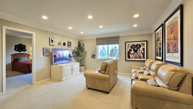 living room with crown molding and light carpet