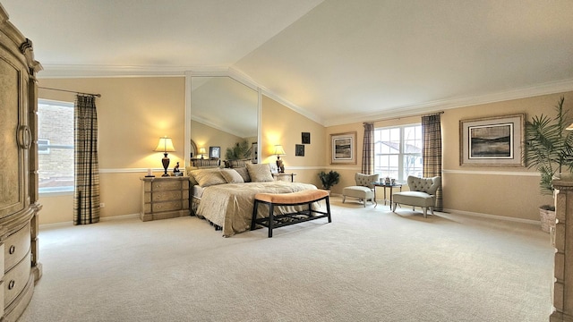 bedroom with light colored carpet, lofted ceiling, and multiple windows