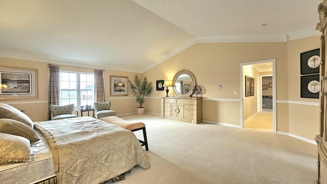 carpeted bedroom with lofted ceiling and ornamental molding