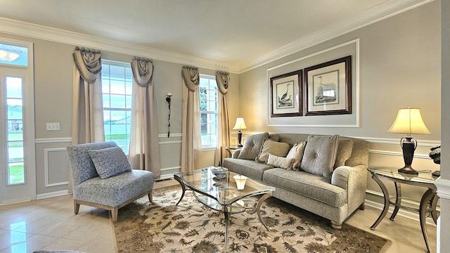 tiled living room featuring plenty of natural light and crown molding