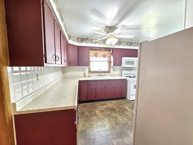 665 W Blue St, Sheldon, IL 60966 - kitchen featuring white appliances, light countertops, backsplash, and a ceiling fan