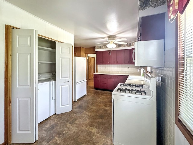 665 W Blue St, Sheldon, IL 60966 - kitchen with white appliances, ceiling fan, washer and dryer, light countertops, and backsplash