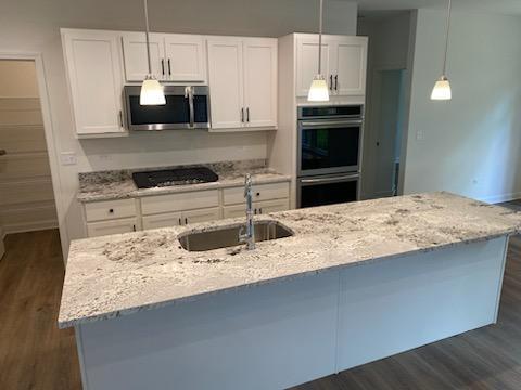 kitchen with dark hardwood / wood-style flooring, sink, white cabinetry, and stainless steel appliances