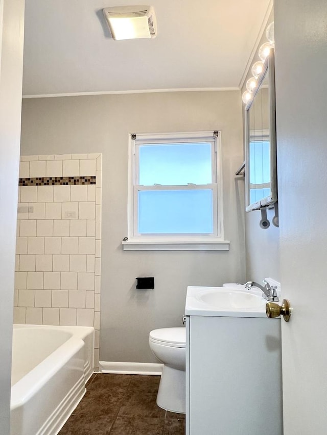 full bathroom with tile patterned flooring, vanity, toilet, and crown molding