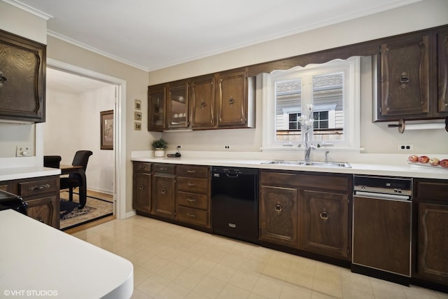 kitchen with dark brown cabinetry, crown molding, dishwasher, and sink