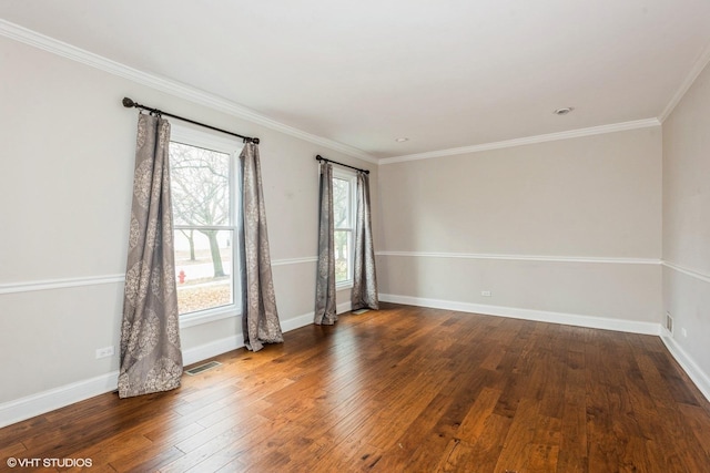 unfurnished room with crown molding and dark wood-type flooring