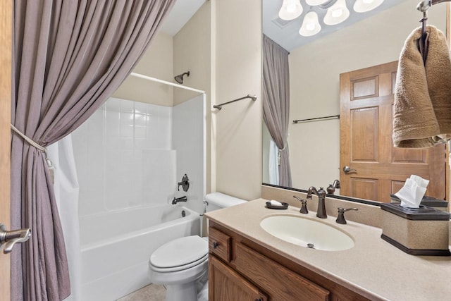 full bathroom featuring toilet, vanity, and shower / bath combination with curtain