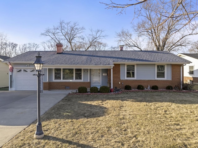 ranch-style house featuring a garage and a front lawn