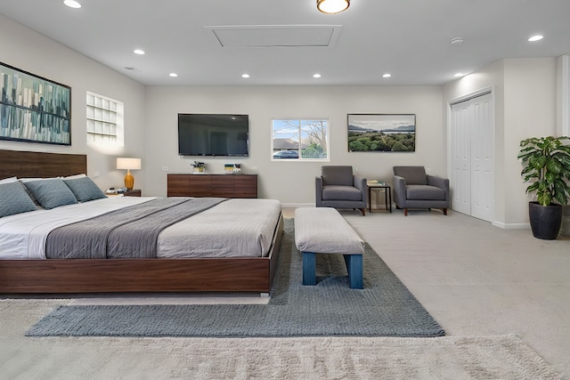 bedroom with carpet floors, multiple windows, and recessed lighting