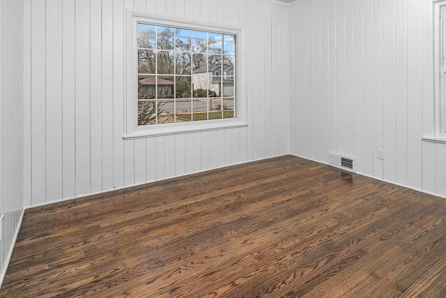 spare room with dark hardwood / wood-style flooring and wooden walls