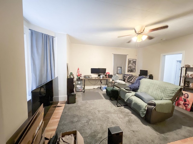 living room featuring light hardwood / wood-style floors and ceiling fan