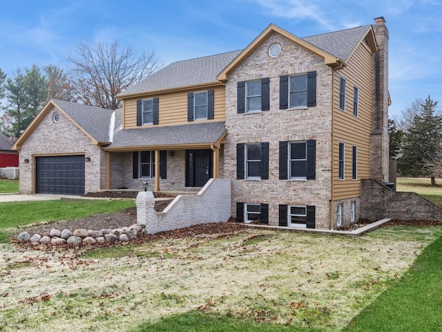 view of front of property with a front lawn, covered porch, and a garage