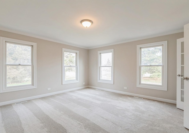 spare room featuring light carpet, plenty of natural light, and ornamental molding