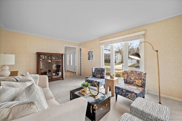 carpeted living room with crown molding