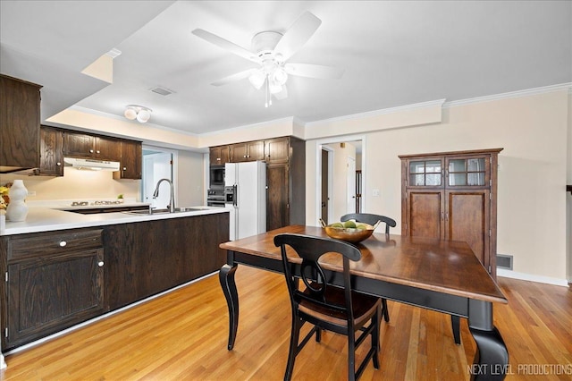 kitchen with sink, white refrigerator with ice dispenser, light hardwood / wood-style floors, and dark brown cabinets