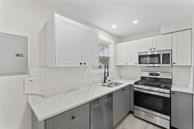 kitchen with gray cabinetry, electric panel, sink, appliances with stainless steel finishes, and tasteful backsplash