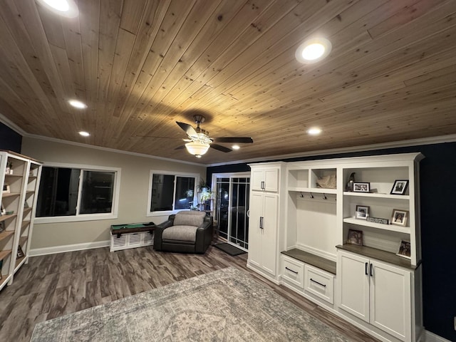 living area with ornamental molding, dark wood-type flooring, wood ceiling, and recessed lighting