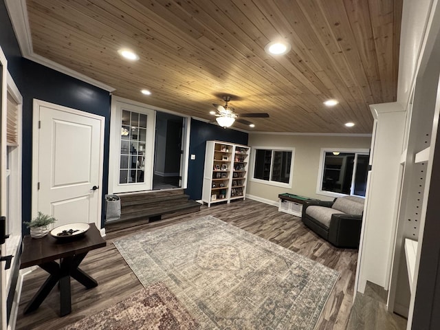 interior space with wooden ceiling, ornamental molding, dark wood-style flooring, and recessed lighting