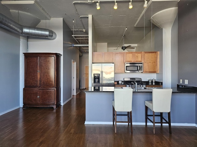 kitchen featuring dark hardwood / wood-style floors, ceiling fan, kitchen peninsula, and stainless steel appliances