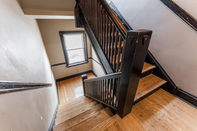 staircase with hardwood / wood-style floors