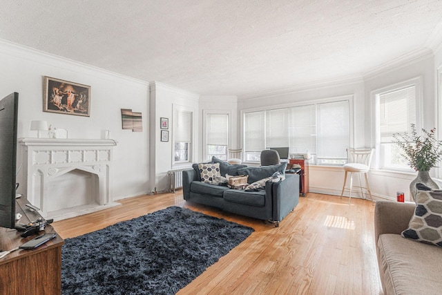 living room featuring radiator heating unit, a textured ceiling, hardwood / wood-style flooring, and ornamental molding