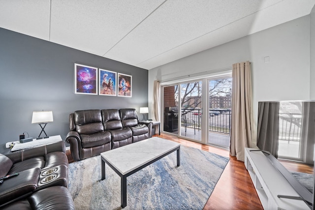 living room featuring wood-type flooring and a textured ceiling