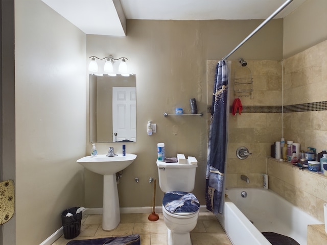 bathroom with tile patterned flooring, shower / bath combination with curtain, and toilet