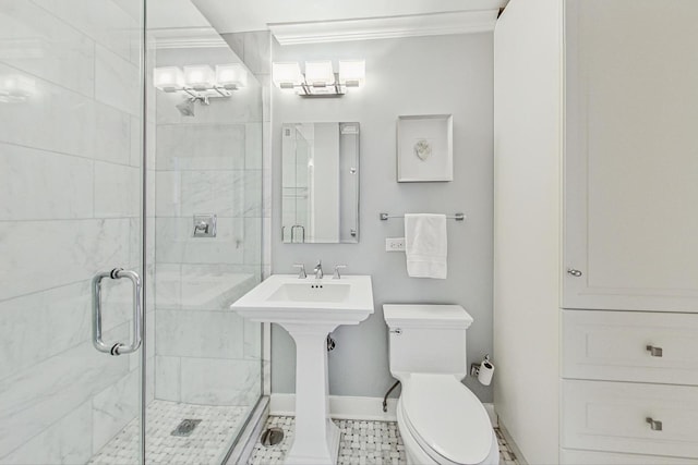 bathroom with sink, walk in shower, crown molding, and toilet