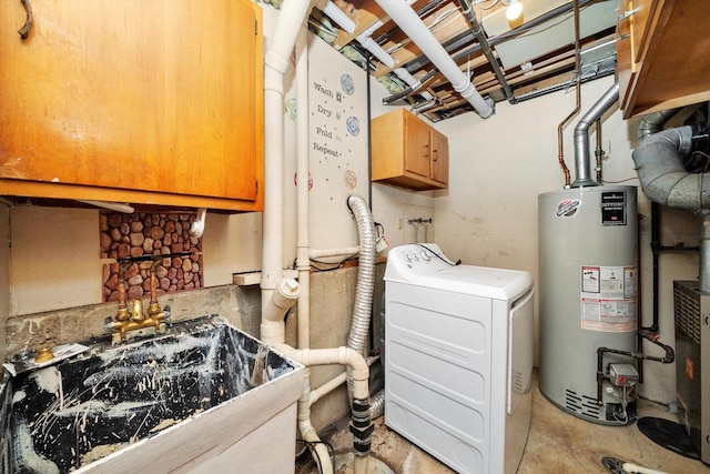 laundry room with cabinets, washer / dryer, and water heater