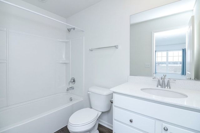 full bathroom featuring vanity, toilet, wood-type flooring, and shower / bathing tub combination