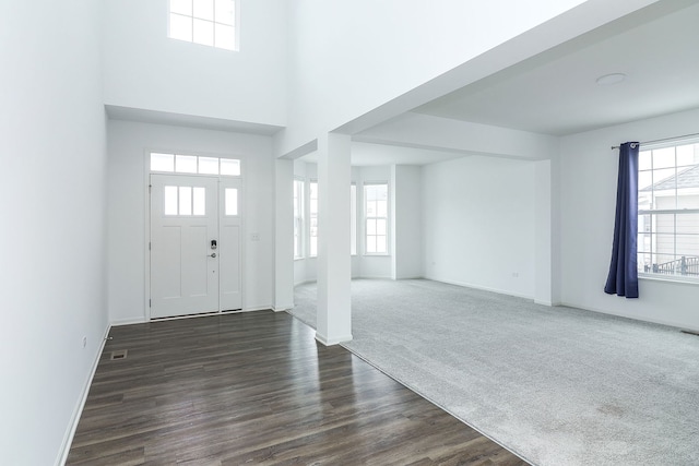 foyer entrance with a healthy amount of sunlight and dark colored carpet