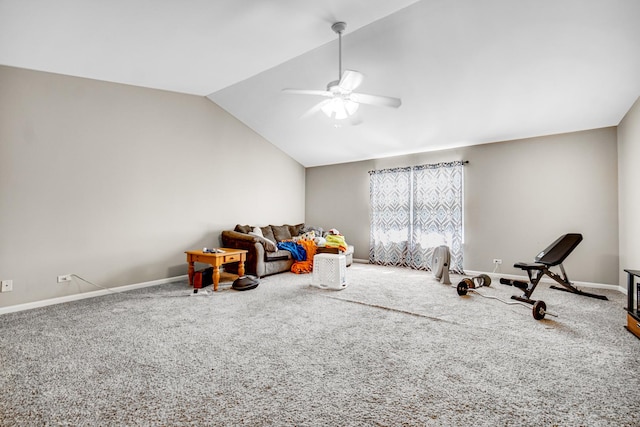 rec room with ceiling fan, carpet floors, and vaulted ceiling