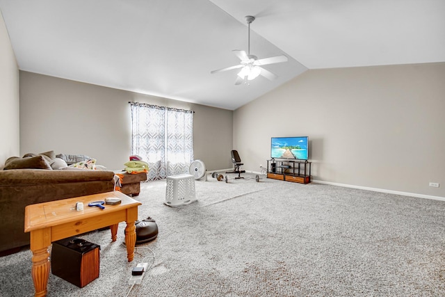 carpeted living room featuring ceiling fan and lofted ceiling